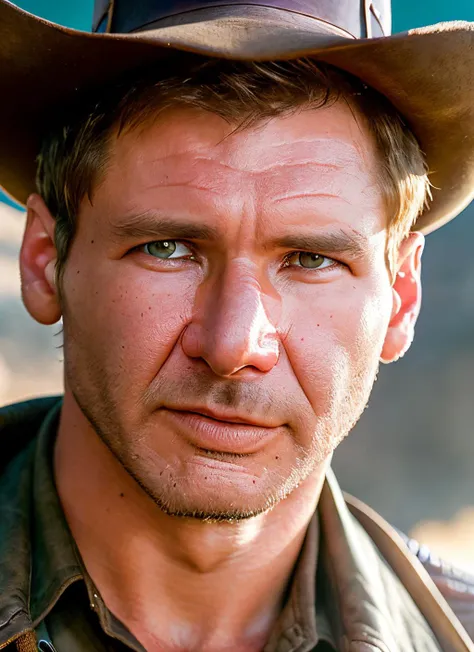 closeup portrait of sksman, __expression__ , wearing indiana jones cosplay , with haircut_male__ , background __background__ epic (photo, studio lighting, hard light, sony a7, 50 mm, matte skin, pores, colors, hyperdetailed, hyperrealistic), <lyco:Harrison Ford:1.3>