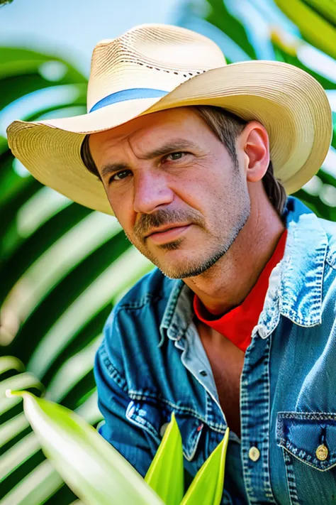 closeup portrait of sksman, __expression__ , (wearing dark blue(denim, tan panama hat) , with haircut_male__ , tropical jungle background __background__ epic (photo, natural lighting, sun light, sony a7, 50 mm, matte skin, pores, colors, hyperdetailed, hyperrealistic), <lyco:Harrison Ford:1.3>