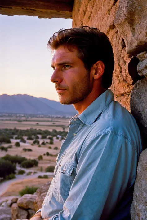 masterpiece, 3/4 shot photo of sksman, indifferent, unshaved, wearing henley, with short back and sides haircut , background sunset epic (viewpoint photo, Low Key Lighting, Canon AE-1 Camera, ƒ/8, ISO 25600, 135mm+ focal length, Glowing skin, photorealism, hyperdetailed), photo by Ansel Adams <lyco:Harrison Ford:1.3>