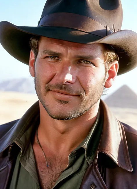 closeup portrait of sksman, smiling , facial hair, wearing hat, very short haircut, open shirt and brown leather jacket , background old egypt, epic (photo, studio lighting, hard light, sony a7, 50 mm, matte skin, pores, colors, hyperdetailed, hyperrealistic), <lyco:Harrison Ford:1.3>