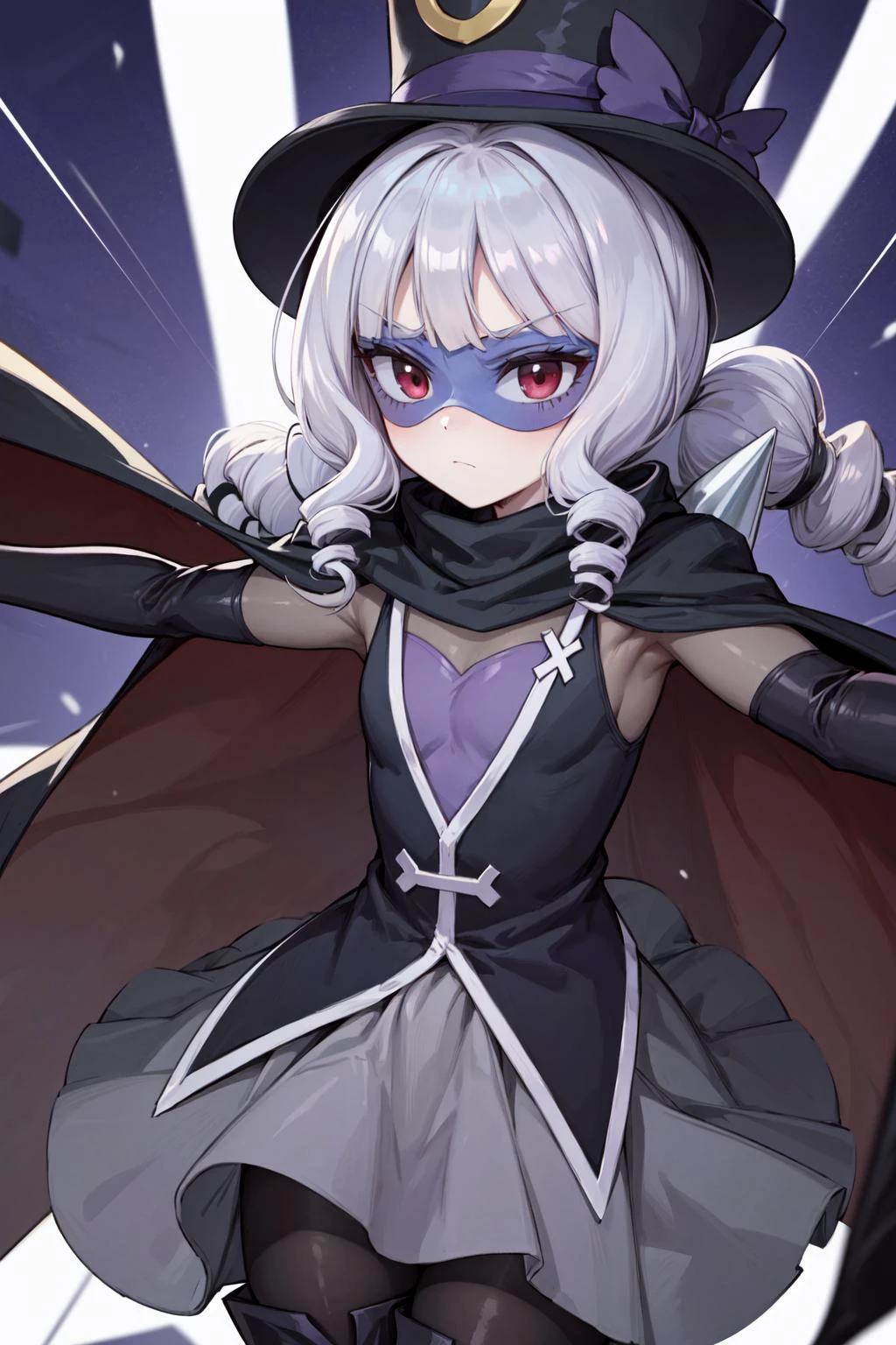 masterpiece,best quality,1girl,gentlu,drill hair,very long hair,cape,long sleeves,mask,domino mask,top hat,grey skirt,thigh boots,black pantyhose,expressionless,dynamic pose,outstretched arms,motion lines,motion blur,blast,multicolored background,<lora:locon_gentlu_01:0.9>,<lora:Concept-control tool-add_detail-CyberAIchemist:0.9>,