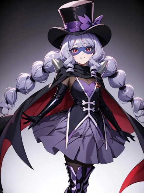 masterpiece, best quality, looking at viewer, depth of field, standing, full body, evil smile, 
1girl, <lora:locon_gentlu_01:0.9>, gentlu, drill hair, cape, long sleeves, mask, domino mask, top hat, grey skirt, thigh boots, black pantyhose, 
smile, ((gradient background)), lens flare,