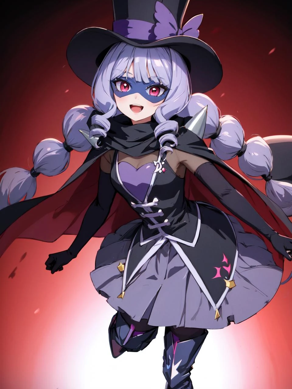 masterpiece, best quality, looking at viewer, depth of field, standing, full body, open mouth,
1girl, <lora:locon_gentlu_01:0.9>, gentlu, drill hair, cape, long sleeves, mask, domino mask, top hat, grey skirt, thigh boots, black pantyhose,
smile, ((gradient background)), lens flare,