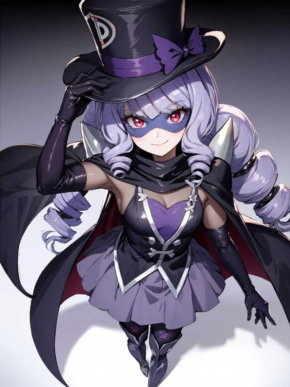 masterpiece, best quality, looking at viewer, depth of field, standing, full body, evil smile, from above,
1girl, <lora:locon_gentlu_01:0.9>, gentlu, drill hair, cape, long sleeves, mask, domino mask, top hat, grey skirt, thigh boots, black pantyhose, elbow gloves,
smile, ((gradient background)), lens flare,