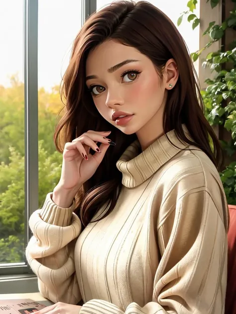 Realistic photo of a beautiful l1llyr43 woman,1girl, solo, long hair, breasts, looking at viewer, brown hair, long sleeves, brown eyes, nail polish, sweater, lips, fingernails, makeup, traditional media, ribbed sweater, professional Photography, Photorealistic, detailed, RAW, analog, sharp focus, high quality, film grain, masterpiece<lora:l1llyr43:1.0>