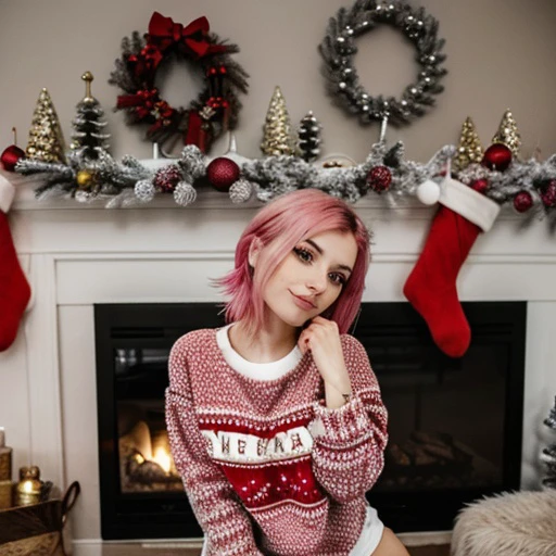 <lora:rolyatistaylor_sd15_512_128_64_v1:1> rolyatistaylor, 1girl pink weavy hair, wearing a christmas sweater, christmas decoration in background, lit fireplace in background