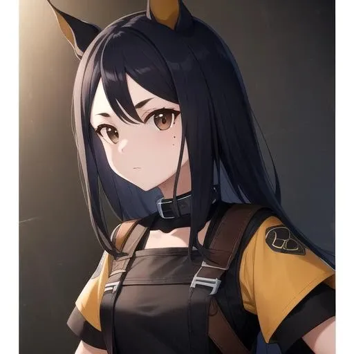 ((masterpiece)),(best quality),official art,extremely detailed CG,unity 8k wallpaper,ultra detailed,1girl,solo,upper body,(portrait:1.2),animal_ears,dog_ears,black_hair,black_shirt,long_hair,looking_at_viewer,brown_gloves,collar,midriff,short_sleeves,short_over_long_sleeves,layered_sleeves,brown_footwear,black_pants,shoes,brown_eyes,crop_top,dog_girl,mole,dog_tail,<lora:Dobermann(ark)>,