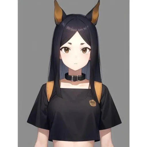 ((masterpiece)),(best quality),official art,extremely detailed CG,unity 8k wallpaper,ultra detailed,1girl,solo,upper body,(portrait:1.2),animal_ears,dog_ears,black_hair,black_shirt,long_hair,looking_at_viewer,brown_gloves,collar,midriff,short_sleeves,short_over_long_sleeves,layered_sleeves,brown_footwear,black_pants,shoes,brown_eyes,crop_top,dog_girl,mole,dog_tail,<lora:Dobermann(ark)>,