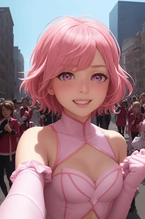 masterpiece, best quality, high resolution, wallpaper, 8k, loading screen, intricate detail, 1girls, anime, comic hero, super powers, hero costume, pink and white outfit, (small) breasts:1.2, neon, flat chest:1.2, athletic body,((( white))) leotard, pink eyebrows:1.2, form fitting suit, pink short cape,  ear length hair, pink short hair, messy hair,  toned body, city in background, metropolis, skyscrapers, good lighting, full body, (heart) cutout, clothes cutout, navel, wide hips, covered navel, (short (pink) cape), short cape, dark shadows, detailed shadows, skintight, pink lipstick, beautiful eyes, detailed eyes, boots, tight clothes, (pink) footwear:1.2, elbow gloves, (pink) gloves:1.2, pink eyes, detailed clothing design, intricate detail, bare shoulders, pink hem:1.2, white chest, white belly, pink collar, pink hearts:1.5, solo:1.4, detailed city, , tears of joy:1.2, crying:1.2, tears in eyes:1.2, receiving flowers, flower bouquet, holding flowers, happy, happy expression, victory, celebration, cheering crowd, photographers in background, camera flash, teeth, half closed eyes, grin, clenched teeth, wide grin