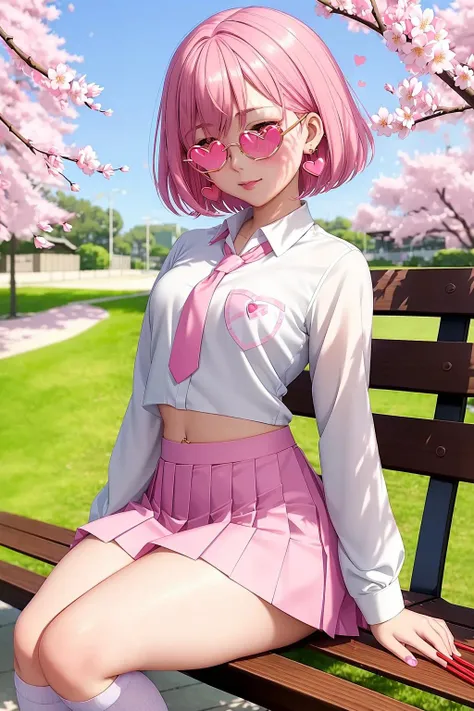 masterpiece, best quality, wallpaper, 8k, intricate detail, high resolution, loading screen, pastel colors, sharp shadows, young anime girl, (subsurface scattering:1.2 ), (small) breasts:1.2 flat chest:1.2 athletic body, pink nails, schoolgirl, japanese school uniform, sitting on public bench, (bento box) on lap, holding (chopsticks), blushing, pink eyebrows:1.2 full body, thick thighs, messy short pink hair, cherry blossoms, [pink] necktie,  happy, short pleated [pink] skirt, (blue) shirt, midriff, sakura atmosphere, detailed face, beautiful detailed pink eyes, full detailed lips, shirt pocket, good lighting,  blushing, wide hips:1.1 detailed navel, dark shadows, detailed background, [pink] (hearts), [pink] (heart earrings), detailed shadows, solo:1.4  glasses, in school, [gold] glasses, heart navel piercing, white above knee socks