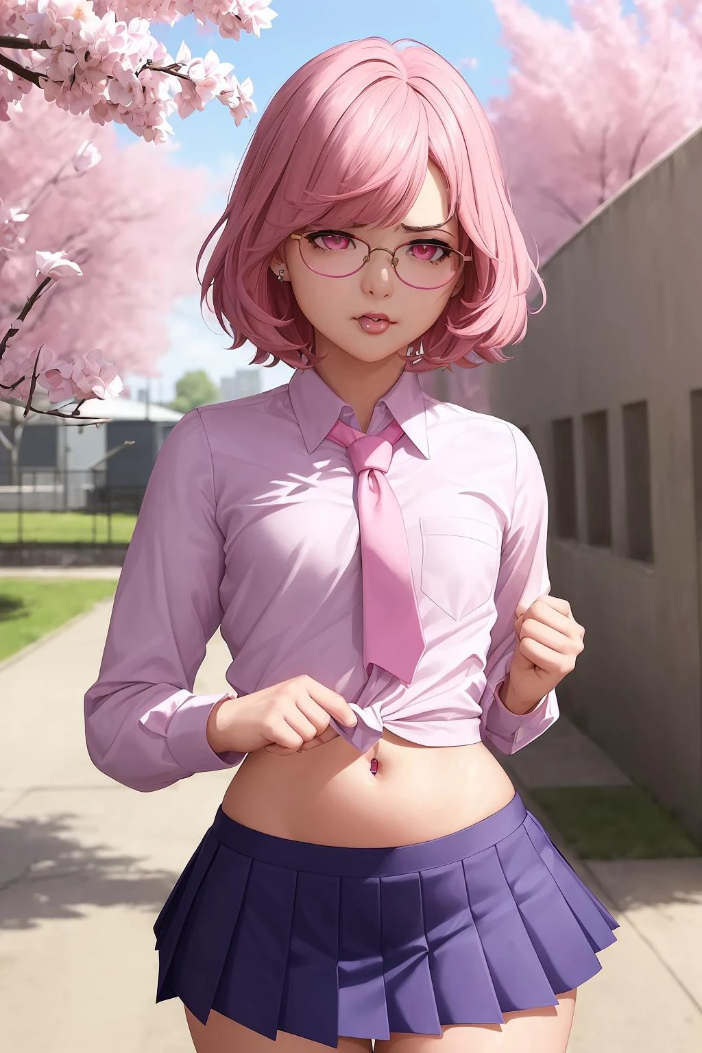 masterpiece, best quality, wallpaper, 8k, intricate detail, high resolution, loading screen, comic book character, 1girl, anime, (small) breasts:1.2, flat chest:1.2, athletic body, schoolgirl, school uniform, pink eyebrows:1.2, messy short pink hair, (fighting) stance:1.2, action scene, battle, angry, schoolyard in background, fighting, clenched fists:1.2, (pink) necktie, blowing kiss, pleated (blue) skirt, pink shirt, midriff, sakura atmosphere, detailed face, pink eyes, detailed eyes, beautiful eyes, detailed lips, full lips, toned body, shirt pocket, good lighting, full body, blushing, wide hips:1.1, detailed navel, dark shadows, detailed background, (pink hearts), (pink heart piercings), detailed shadows, white gloves:1.2, solo:1.4, glasses, in school, gold glasses, school setting