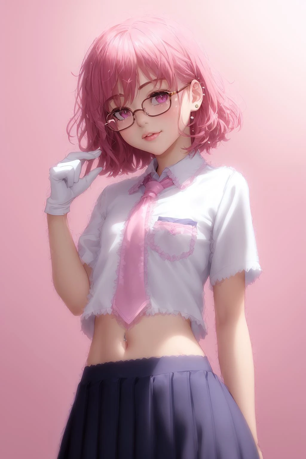 masterpiece, best quality, wallpaper, 8k, intricate detail, high resolution, loading screen, young girl, anime, (small) breasts:1.2, flat chest:1.2, athletic body, schoolgirl, school uniform, pink eyebrows:1.2, messy short pink hair, schoolyard in background, (pink) necktie, blowing kiss:1.2, happy, pleated (blue) skirt, pink shirt, midriff, sakura atmosphere, detailed face, pink eyes, detailed eyes, beautiful eyes, detailed lips, full lips, toned body, shirt pocket, good lighting, full body, blushing, wide hips:1.1, detailed navel, dark shadows, detailed background, (pink hearts), (pink heart piercings), detailed shadows, white gloves:1.2, solo:1.4, glasses, in school, gold glasses,