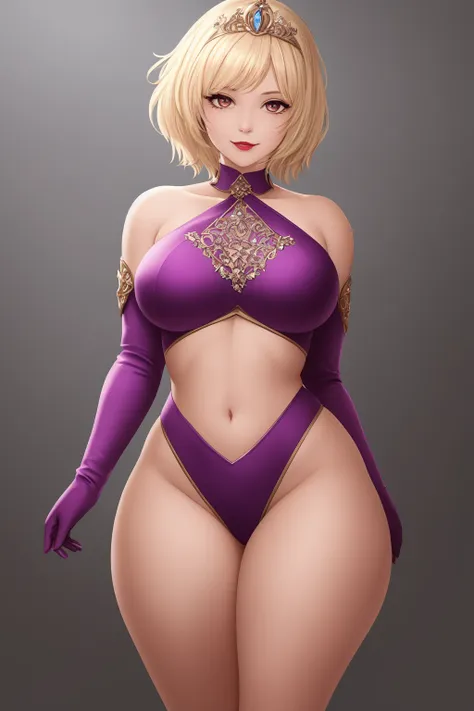 digital artwork of a fantasy female princess, chubby, thick thighs, purple clothes, blonde hair, hair in bun, silver tiara, cute, big eyes, detailed eyes, good lighting, slow motion, intricate detail, trending on ArtStation, trending on CGSociety, Intricate, High Detail, Sharp focus, dramatic, wearing extravagant dress,  elbow gloves, bare shoulders, collar, (skin indentation), detailed shadows, happy expression, full lips,  castle in background, toned body, [muscles], subsurface scattering, pale white skin, full body, (wide hips), lipstick, detailed muscles, covered navel, thigh straps, ruffles, skimpy