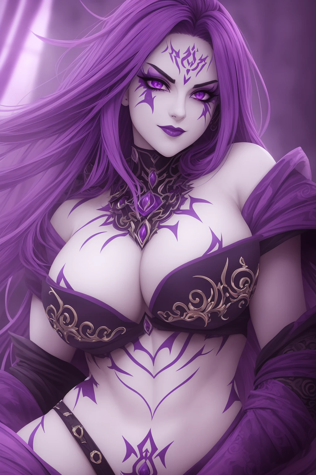 low angle, underboob, action shot artwork of an evil anime zealot woman, low light, crazy smile, purple hair, big eyes, good lighting, purple face paint (evil temple look), detailed and beautiful eyes, detailed face, slow motion, intricate detail, Intricate, High Detail, dramatic, wearing purple zealot (robes), bare shoulders,  (skin indentation), detailed shadows, full lips, evil purple temple in background, toned body, [[muscles]], pale white skin, (purple glowing eyes), full body, (wide hips), purple lipstick, detailed muscles, holding scripture, scroll clothes, medium breasts