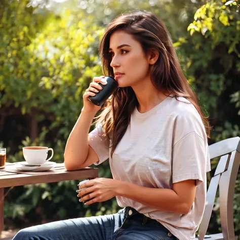 ((full body, a woman wearing jeans and tshirt sitting outdoors drinking tea, looking to the side)), high detail skin, high detail eyes, high detail hai <lora:DemiMooreYoungv2Lora:0.9> 1woman, realistic, brown hair, brown eyes, nose, closed mouth, afternoon