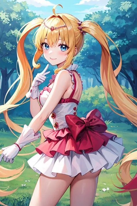masterpiece, best quality, highres, hmnl, hmnl, twintails, tiara, blue eyes, long hair, ahoge, hair ornament, idol, dress, gloves, <lora:nanami_lucia_v1:0.7>, standing, cowboy shot, smile,