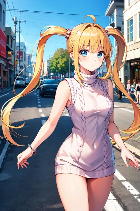 masterpiece, best quality, highres, hmnl, twintails, blue eyes, long hair, ahoge, hair ornament, jewelry, earrings, <lora:nanami_lucia_v1:0.7>, turtleneck sweater, sleeveless, sweater dress, street, walking, cowboy shot,