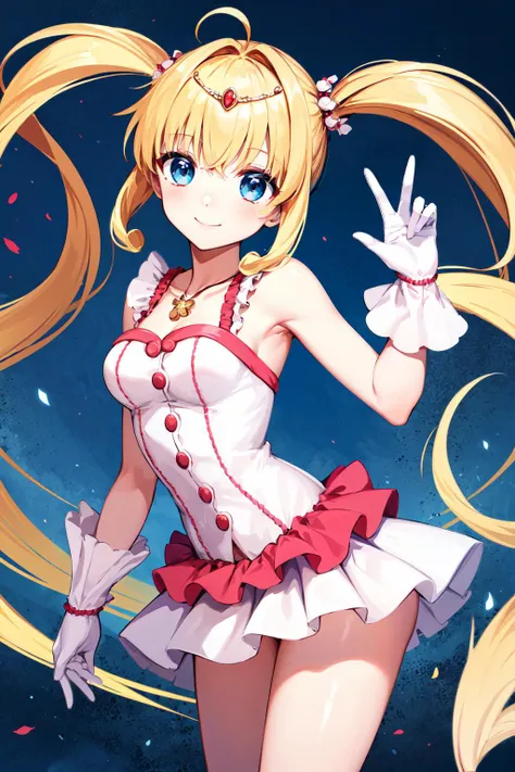 masterpiece, best quality, highres, hmnl, hmnl, twintails, tiara, blue eyes, long hair, ahoge, hair ornament, idol, dress, gloves, <lora:nanami_lucia_v1:0.7>, standing, cowboy shot, smile,