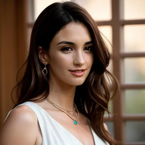 Realistic photo of a beautiful p4zv3g4 woman, 1girl, solo, long hair, looking at viewer, smile, brown hair, brown eyes, jewelry, upper body, earrings, teeth, sleeveless, grin, blurry, lips, realistic, nose, soft lighting, professional Photography, Photorealistic, detailed, RAW, analog, sharp focus, 8k, HD, DSLR, high quality, Fujifilm XT3, film grain, award winning, masterpiece <lora:p4zv3g4:1.0>