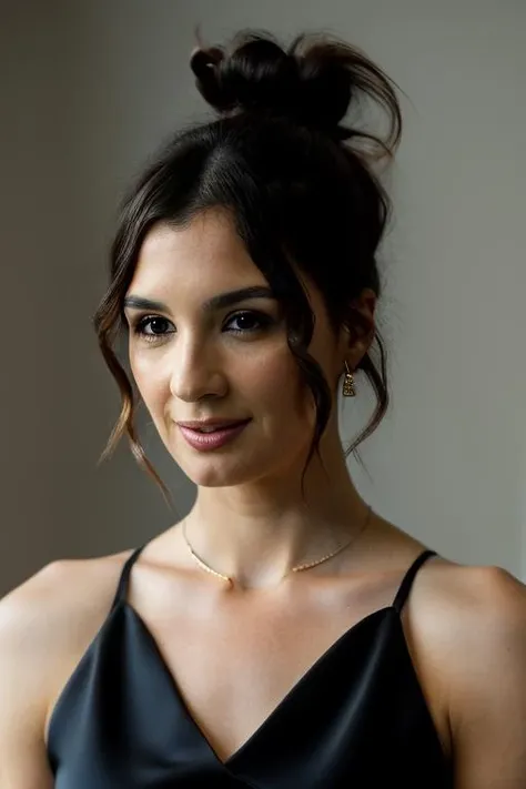 Realistic photo of a beautiful p4zv3g4 woman,  1girl, solo, smile, short hair, brown hair, black hair, dress, brown eyes, jewelry, upper body, earrings, sleeveless, hair bun, blurry, lips, makeup, blurry background, single hair bun, realistic, nose, soft lighting, professional Photography, Photorealistic, detailed, RAW, analog, sharp focus, 8k, HD, DSLR, high quality, Fujifilm XT3, film grain, award winning, masterpiece <lora:p4zv3g4:1.0>