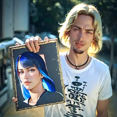Highly detailed, High Quality, Masterpiece, beautiful, LookAtThisGraph, <lora:LookAtThisGraph:1>, 1boy, holding, sign, holding sign, blonde hair