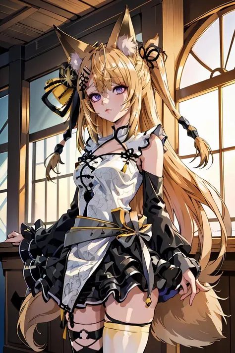 (masterpiece, best quality), 1girl,  <lora:kurune_kokuri_v1:1> 1girl, solo, long hair, blonde hair, ahoge, two side up, hair ribbon, animal ears, hair ornament, hairclip, purple eyes, fox tail, white dress, detached sleeves, black sleeves, black skirt, single thighhigh, white thighhighs