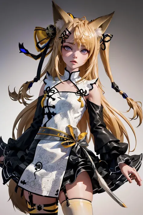 (masterpiece, best quality), 1girl,  <lora:kurune_kokuri_v1:1> 1girl, solo, long hair, blonde hair, ahoge, two side up, hair ribbon, animal ears, hair ornament, hairclip, purple eyes, fox tail, white dress, detached sleeves, black sleeves, black skirt, single thighhigh, white thighhighs