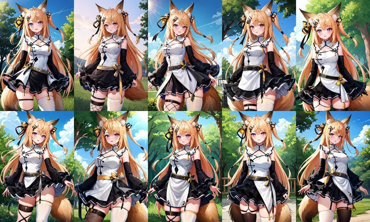 masterpiece, best quality, highres, 1girl, solo, long hair, blonde hair, ahoge, two side up, hair ribbon, animal ears, hair ornament, hairclip, purple eyes, fox tail, white dress, detached sleeves, black sleeves, black skirt, single thighhigh, white thighhighs, <lora:kurune_kokuri_v1:0.7>, standing, cowboy shot, outdoors
