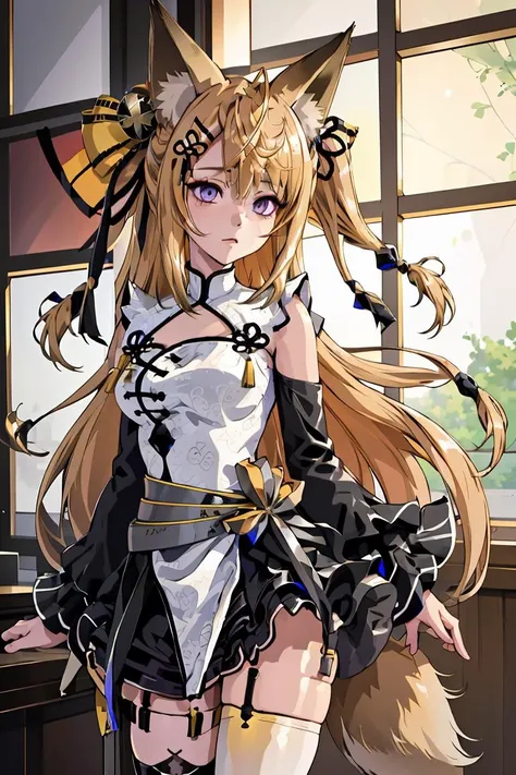 (masterpiece, best quality), 1girl,  <lora:kurune_kokuri_v1:1> 1girl, solo, long hair, blonde hair, ahoge, two side up, hair ribbon, animal ears, hair ornament, hairclip, purple eyes, fox tail, white dress, detached sleeves, black sleeves, black skirt, single thighhigh, white thighhighs