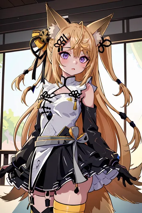 (masterpiece, best quality), 1girl,  <lora:kurune_kokuri_v1:1> 1girl, solo, long hair, blonde hair, ahoge, two side up, hair ribbon, animal ears, hair ornament, hairclip, purple eyes, fox tail, white dress, detached sleeves, black sleeves, black skirt, single thighhigh, white thighhighs