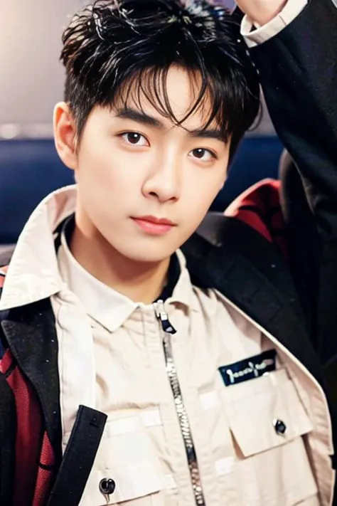 1boy, border, jacket, lips, looking_at_viewer, realistic, short_hair, solo, unzipped, white_border, zipper <lora:china_idol2.2-000001:1>