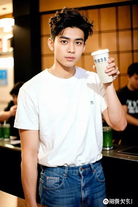 best quality, ultra high res, (photorealistic:1.4), masterpiece, Kodak portra 400, film grain, blurry background , bubble tea shop, solo,1 boys,Young man ,white skin,white t-shirt, posing, looking at viewer ,face focus, <lora:china_idol2.2-000001:0.66>