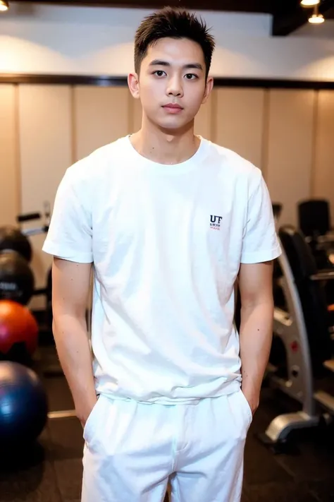 best quality, ultra high res, (photorealistic:1.4), masterpiece, blurry background ,gym, solo,1 boy,Young man ,standing,white skin, white t-shirt, posing, looking at viewer , face focus,<lora:china_idol2.2-000001:0.6>