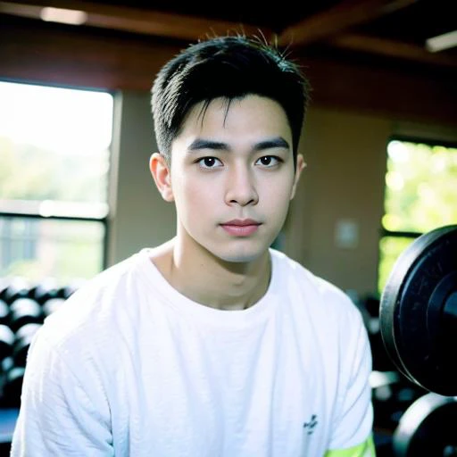 best quality, ultra high res, (photorealistic:1.4), masterpiece, blurry background ,gym, solo,1 boy,Young man ,standing,white skin, white t-shirt, posing, looking at viewer , face focus,<lora:china_idol2.2-000001:0.7>