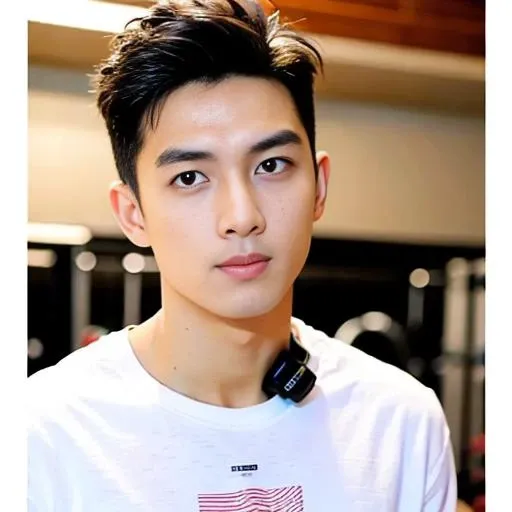 best quality, ultra high res, (photorealistic:1.4), masterpiece, blurry background ,gym, solo,1 boy,Young man ,standing,white skin, white t-shirt, posing, looking at viewer , face focus,<lora:china_idol2.2-000001:0.7>
