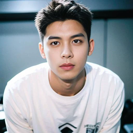 best quality, ultra high res, (photorealistic:1.4), masterpiece, blurry background ,gym, solo,1 boy,Young man ,standing,white skin, white t-shirt, posing, looking at viewer , face focus,<lora:china_idol2.2-000001:0.65>