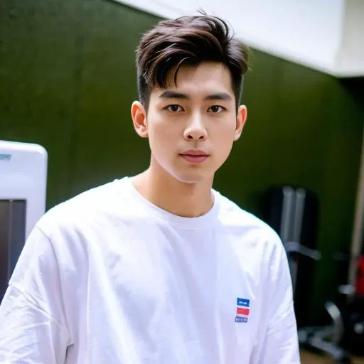 best quality, ultra high res, (photorealistic:1.4), masterpiece, blurry background ,gym, solo,1 boy,Young man ,standing,white skin, white t-shirt, posing, looking at viewer , face focus,<lora:china_idol2.2-000001:0.7>