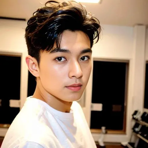 best quality, ultra high res, (photorealistic:1.4), masterpiece, blurry background ,gym, solo,1 boy,Young man ,standing,white skin, white t-shirt, posing, looking at viewer , face focus,<lora:china_idol2.2-000001:0.7>