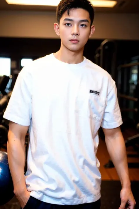 best quality, ultra high res, (photorealistic:1.4), masterpiece, blurry background ,gym, solo,1 boy,Young man ,standing,white skin, white t-shirt, posing, looking at viewer , face focus,<lora:china_idol2.2-000001:0.6>