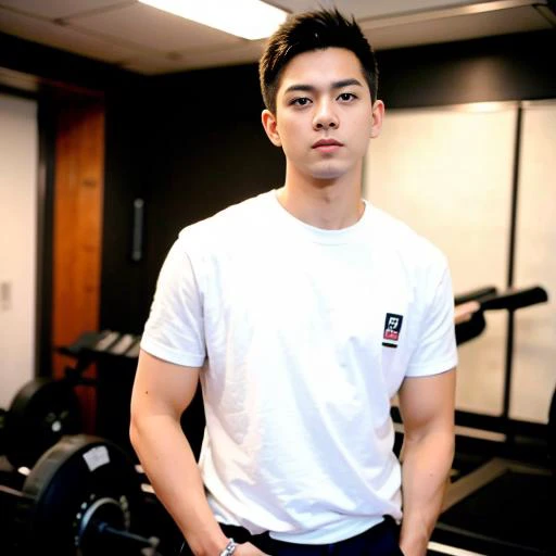 best quality, ultra high res, (photorealistic:1.4), masterpiece, blurry background ,gym, solo,1 boy,Young man ,standing,white skin, white t-shirt, posing, looking at viewer , face focus,<lora:china_idol2.2-000001:0.66>