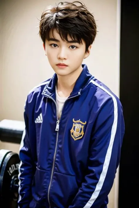 best quality, ultra high res, (photorealistic:1.4),bust shot,gym,1boy,standing,gym suit ,wangjunkai,(looking at viewer), (closeup) <lora:Chinese male idol V3.1-000003:0.75>