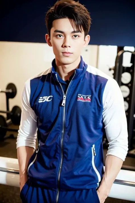 best quality, ultra high res, (photorealistic:1.4),bust shot,gym,1boy,standing,gym suit ,wulei,(looking at viewer), (closeup) <lora:Chinese male idol V3.1-000003:0.6>