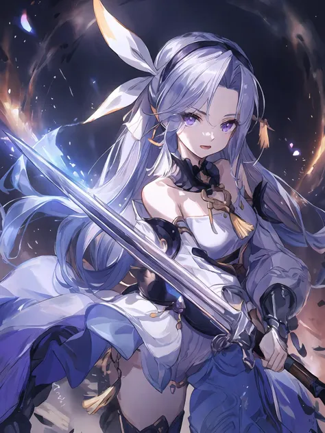 masterpiece,best quality,highres,cinematic lighting,dramatic angle,1girl,<lora:ShadowverseElenaV1-000029:0.8>,silver hair,purple eyes,long hair,parted bangs,hair band,hair ornament,hair ribbon,white leotard,bare shoulders,detached collar,armor,tassel,necklace,gauntlets,detached sleeves,waist cape,thighhighs,beads,looking at viewer,belt,sheath,holding sword,glowing,fence,serious,small breasts,open mouth,rainbow magic