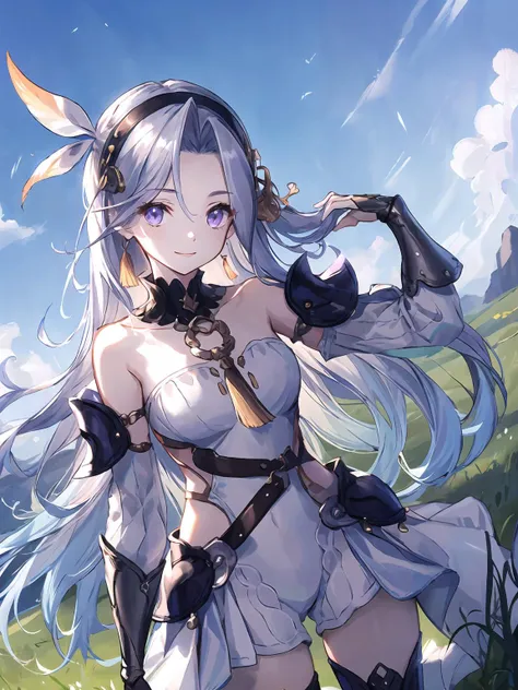 masterpiece,best quality,highres,cinematic lighting,dramatic angle,1girl,<lora:ShadowverseElenaV1-000029:0.8>,silver hair,purple eyes,long hair,parted bangs,hair band,hair ornament,hair ribbon,white leotard,bare shoulders,detached collar,armor,tassel,necklace,gauntlets,detached sleeves,waist cape,thighhighs,beads,looking at viewer,belt,sheath,adjusting hair,smile,blush,blue sky,grass,clouds,depth of field,portrait,<lora:backlight_slider_v10:0.5>