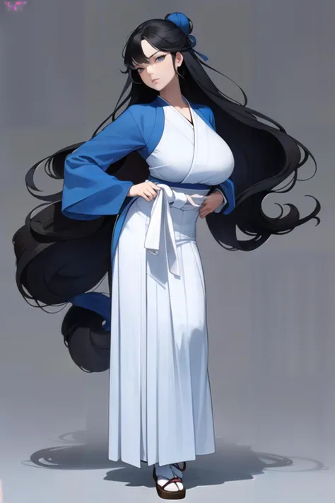 narrow waist, masterpiece, best quality, 1girl, long hair, black hair, blue eyes, hair bun, large breasts, (blue hakama, white kimono:1.1), grey background, simple background, hakama, looking at viewer, white sash, full body, japanese clothes, long sleeves, wide sleeves, white socks, arms behind back, closed mouth, from front, blue theme, (masterpiece, exceptional, best aesthetic, best quality, masterpiece, extremely detailed:1.2), <lyco:GoodHands-beta2:1>, nice hands, perfect hands, <lyco:ignite-000015:0.6>, (lips:1.1)