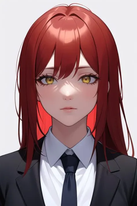 masterpiece, best quality, 1girl, black jacket, black necktie, collared shirt, formal, jacket, long hair, looking at viewer, necktie, yellow eyes, red hair, red theme, ringed eyes, shirt, simple background, solo, suit, white background, white shirt, closed mouth, (masterpiece, exceptional, best aesthetic, best quality, masterpiece, extremely detailed:1.2), <lyco:ignite-000015:0.6>, (lips:1.1)