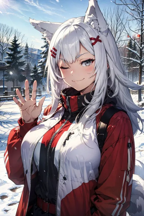 1girl, animal ears, grey eyes, hairclip, long hair, jacket, white hair, wolf ears, outdoors, snow, tail, large breasts, upper body, smug, :3, one eye closed, waving, masterpiece, best quality,