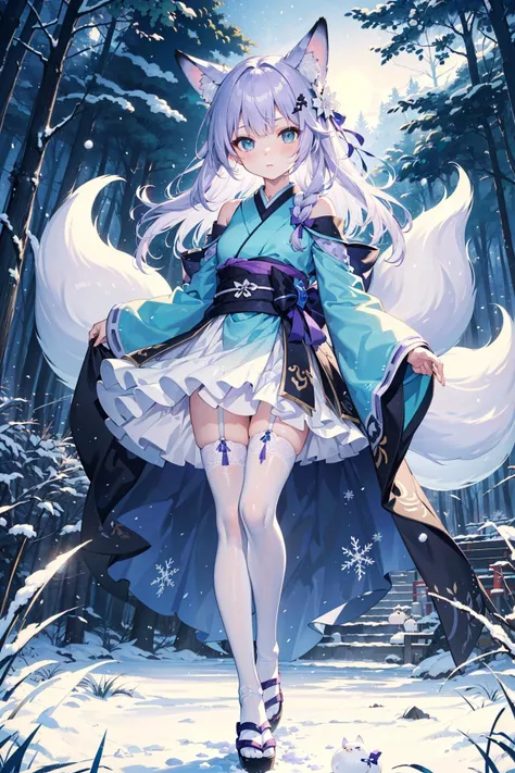 (masterpiece) ((pale purple hair, fox ears, fullbody with legs and shoes visible)) standing up, best quality, expressive eyes, perfect face, best quality, expressive eyes, (masterpiece) 1girl, fox girl, fox ears, (one) fox tail, long hair, pale purple hair, blushing, full face blushing, narrowed green eyes, stern and serious expression, cute pose, ((cute and elegant food-themed fashion)) white, green, pink, and brown dress, (multicoloured pastel dress) multilayered ruffled dress, frilly dress, ((mochi rice cakes embellished onto dress)) white traditional sash, trailing Japanese sleeves, white and light purple striped rice stockings, bows, white bows, small hair bows, ((snowflake hairpin)) ((circular mochi rice cakes : food theme, frozen rice desserts)) white mochi rice mary jane shoes, ((hyperdetailed delicious mochi clothing and fashion)) looking at you, vintage girl, blushing, (beautiful detailed eyes), (extremely detailed CG unity 8k wallpaper),(best shadow), ((an extremely delicate and beautiful)), (detailed light), ((depth of field)) big head, big sparkling eyes, moe, splash art, cinematic lighting, frontal view, volumetric lighting maximalist photo illustration 64k resolution high res intricately detailed complex key visual precise lineart ((in the enchanted snowy forest background, under the cold moonlight and ombre cold night sky, in front of beautiful crops of rice, Japanese zen shrines and frozen white trees, deep in the wilderness, surrounded by sparkling snow drifts and floating rice and mochi cake)) ((hyperdetailed background, shrouded in warm winter light and endless white fields of rice))