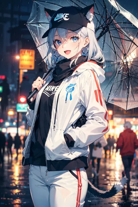 1girl, silver hair, blue eyes, holding umbrella, cat ears, long hair, scarf, (blurry background:1.4), cowboy shot, volumetric lighting, dim lighting, blurry background, at a busy interchange at night in the rain, (skinny:1.2), (depth of field:1.2), :d, earrings, sneakers, hoop earrings, white pants, nike, white jacket, baseball cap