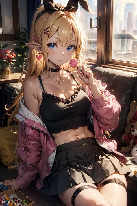 1girl, solo, long hair, breasts, looking at viewer, bangs, blue eyes, skirt, blonde hair, shirt, hair ornament, long sleeves, bow, navel, holding, cleavage, jewelry, medium breasts, sitting, very long hair, closed mouth, collarbone, jacket, white shirt, heart, earrings, frills, food, open clothes, pointy ears, hairclip, midriff, indoors, miniskirt, black skirt, necklace, stomach, bag, open jacket, crop top, parted bangs, black bow, thigh strap, stuffed toy, stuffed animal, holding food, frilled skirt, elf, candy, camisole, lollipop, handbag, stuffed bunny, pink jacket, holding candy, holding lollipop